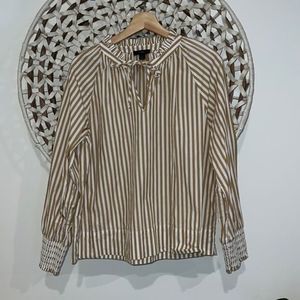 J. Crew tan and white striped tie front long sleeve blouse size medium